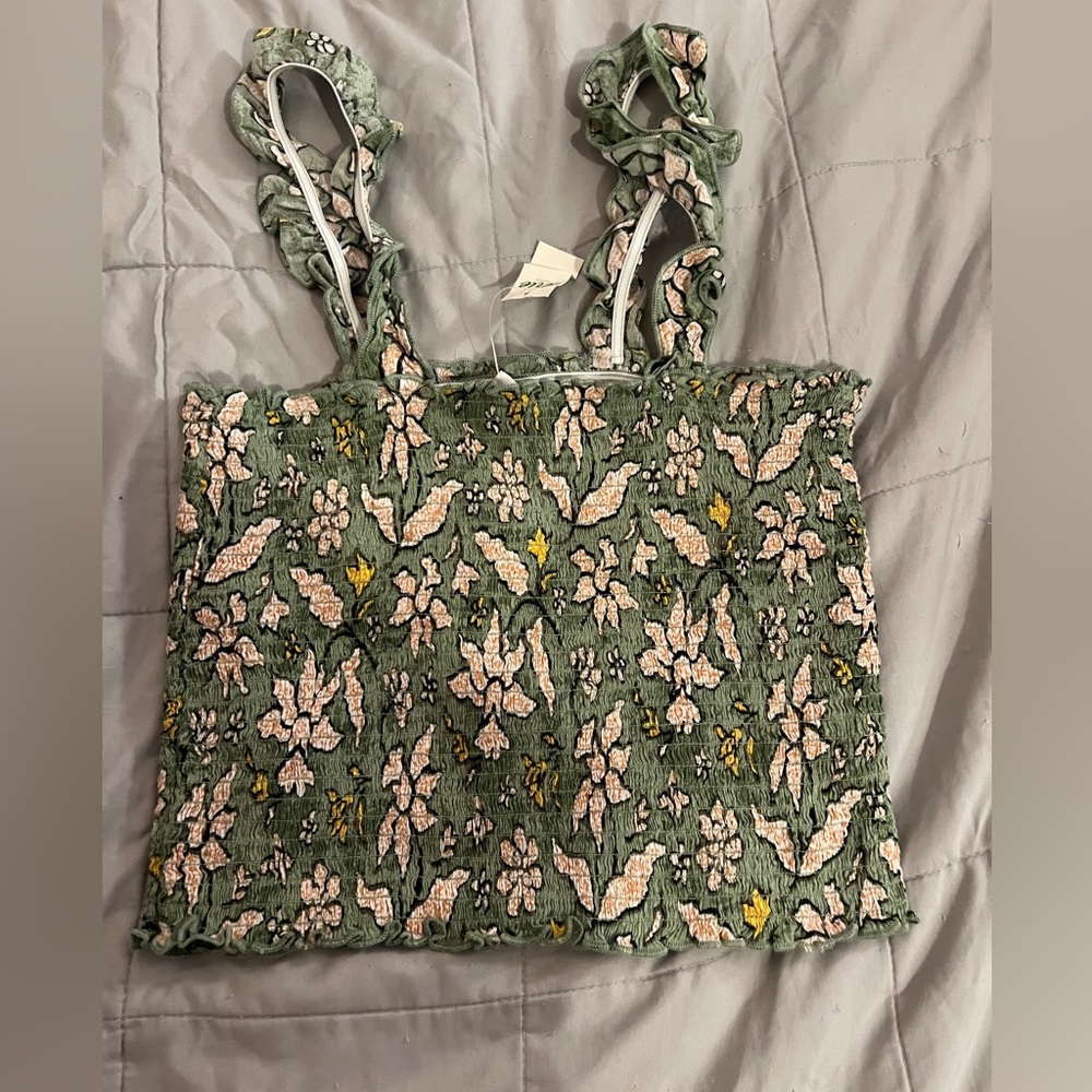 Aerie smocked Green Floral Crop Top
